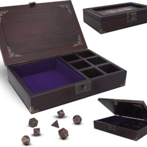 2 in 1 DND Dice Tray - Metal Dice Sets With Wooden Box - Holder & Storage Organizer | Rolling Tray for RPG Table Games - Box for Dungeons & Dragons Players