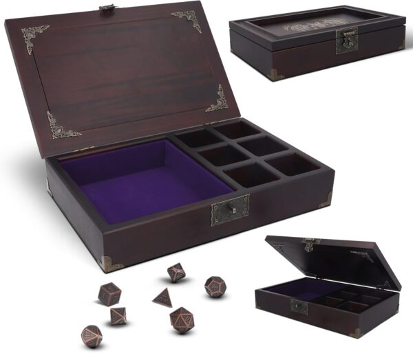 2 in 1 DND Dice Tray - Metal Dice Sets With Wooden Box - Holder & Storage Organizer | Rolling Tray for RPG Table Games - Box for Dungeons & Dragons Players