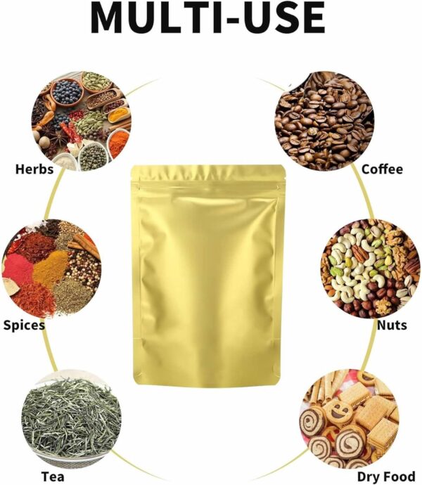 200 Pieces Resealable Mylar Bags(4.3x6.3inch, Matte Gold), Stand Up Zipper Lock Aluminum Foil Bag, Packaging for Small Businesses, Packaging Bags for Food/Nuts Storage - Image 5