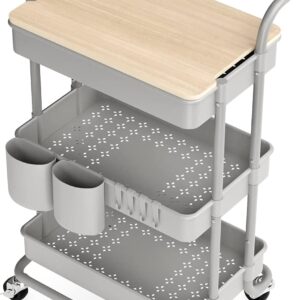 3 Tier Rolling Cart, with Table Top, Rolling Storage Cart with Handles and Locking Wheels, Utility Cart with 2 Small Baskets and 4 Hooks for Bathroom. Office, Balcony, Living Room (Grey)