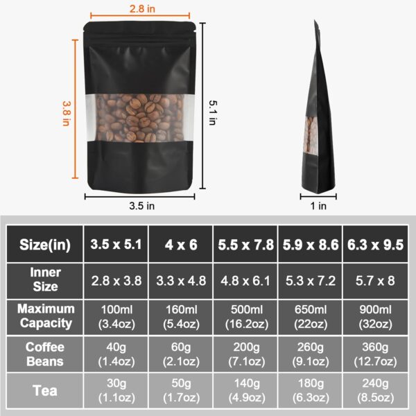 100 Pieces Resealable Mylar Bags, Stand Up Smell Proof Bags with Matte Window, Zipper Lock Foil Pouch Packaging (Black, 3.5 X 5.1 Inch) - Image 2