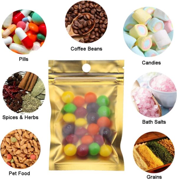 150 Pack Mylar Zip Lock Bags Aluminum Foil Bags Durable Double-Sided Metallic Foil Mylar Flat Mini Ziplock Bag 7.5 x 12 cm/ 3 x 4.7 Inch (Gold) - Image 4