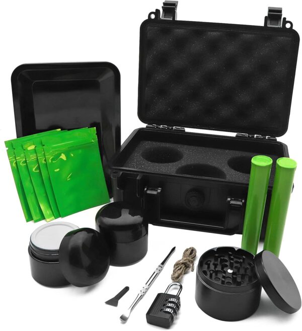 Vakuny Smell Proof Storage Box - ABS Plastic Storage Container with Lock - Portable Waterproof Box - Black Padded Storage Box - 14 Piece Accessories Kit Set Suit for Travel Gifts
