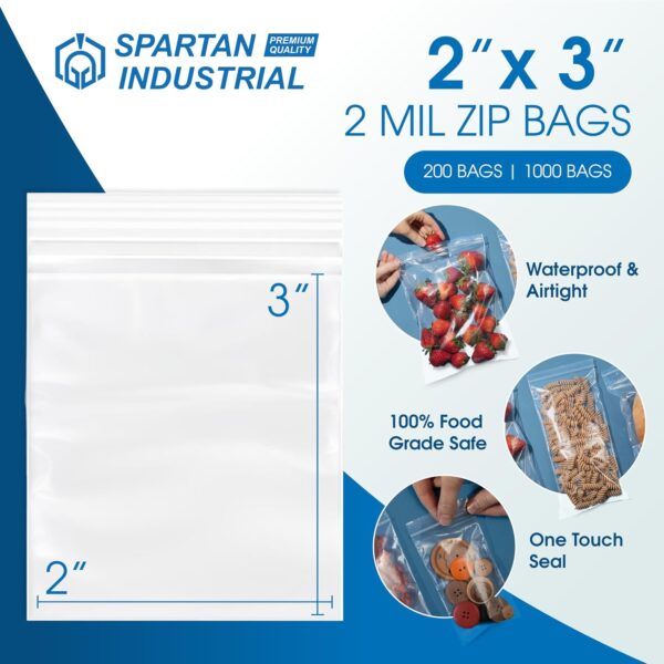Spartan Industrial - 2” X 3” (1000 Count) 2 Mil Clear Reclosable Zip Plastic Poly Bags with Resealable Lock Seal Zipper - Image 2