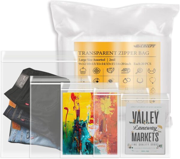 5 Various Gallon Size Zip Plastic Bags (Pack of 100), 1/1.3/1.5/2/3 Gal, 2 mil each 20 Count Food Grade Reclosable Zip Top Lock Bags for Home & Kitchen - Image 8