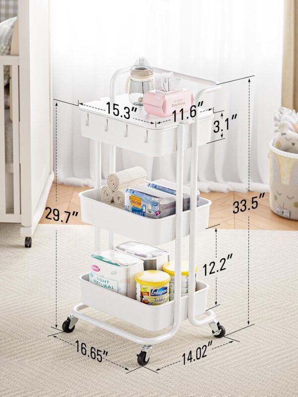 Pipishell 3 Tier Rolling Cart with Table Top, Utility Cart with Wheels & 4 Hooks, Rolling Storage Cart for Home Storage and Organization, White, PIUC09W - Image 5