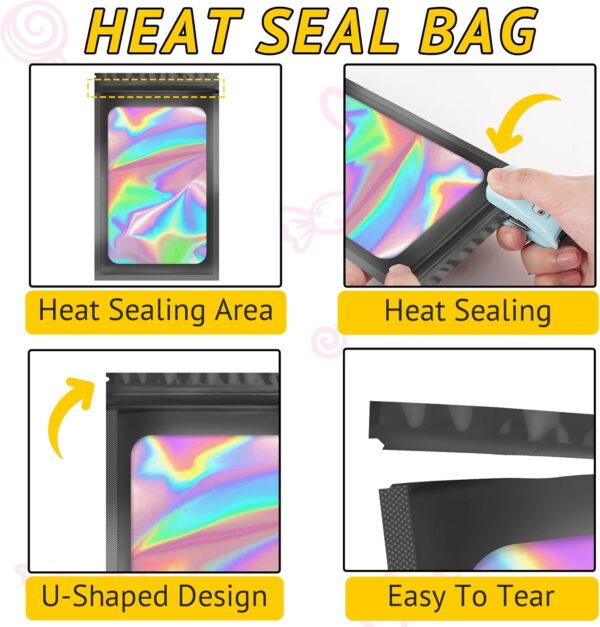 100 PCS Smell Proof Holographic Packaging Bags, Resealable Foil Freshies for Food Storage & Small Business – Sample Pouch for Eyelash, Jewelry, Valentines Day Gifts - Image 4