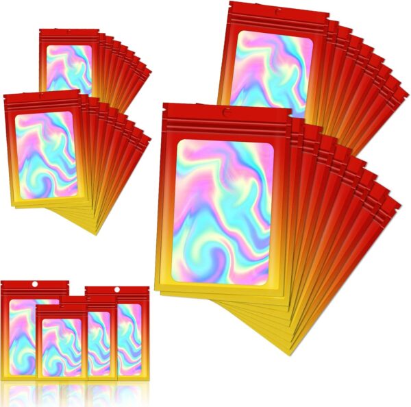 120 PCS Smell Proof Mylar Bags Resealable Odor Proof Bags Holographic Packaging Pouch Bag with Clear Window for Food Storage Jewelry Candy Electronics Storage, 4 Sizes