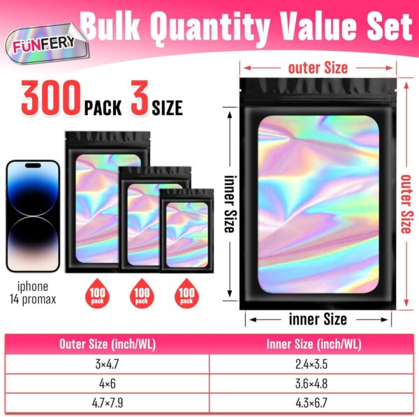 Funfery 300 Pack 3 Size Mylar Holographic Bags with Clear Window,Resealable Bag Smell Proof Bags Zipper Foil Baggie Packaging Pouch for Food Storage,Sample,Small Business(Black,3x4.7,4x6,4.7x7.9in) - Image 2