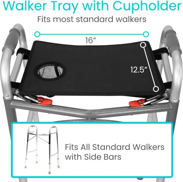 Vive Walker Tray for Folding Walker - (w/Cup Holder) - Adult Mobility Accessories - Fits Standard Walkers - Medical Table for Seniors Non Slip Mat for Food - Removable & Easy Assembly (Black) - Image 2