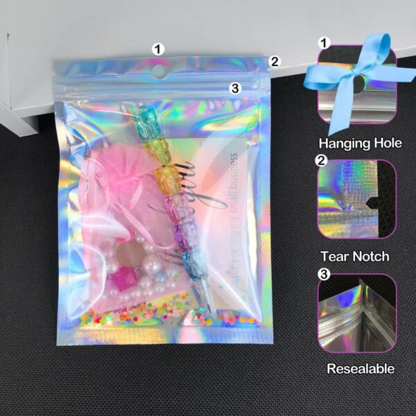 100 Pcs Holographic Resealable Packaging Bags for Small Business Supplies, Cute Small Color Smell Proof Foil Pouch Plastic Baggies for Lip Gloss Soap Party Food Storage (4x6 inch) - Image 5