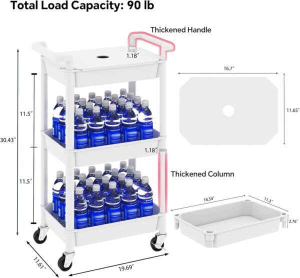 3-Tier Utility Rolling Cart with Cover Top Board, Mobile Utility Cart with Lockable Casters Multi-Functional Storage Trolley for Office, Bathroom, Kitchen, Garden, Laundry Room (White) - Image 2