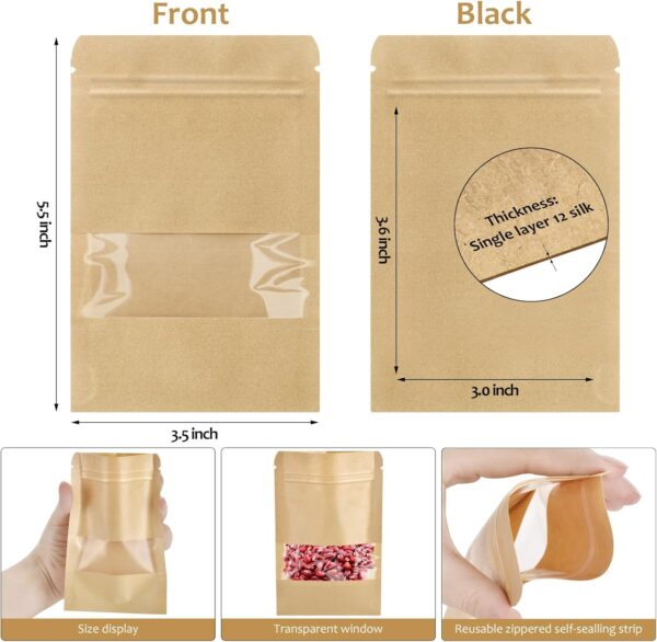 100 Pcs Small Resealable Seed Envelopes, Mini Zip Lock Kraft Bags with Window, 3.5"x5.5" Coffee Sample Bags Resealable Ziplock Bags, Small Business for Samples Bags, Food Storage Bags - Image 2