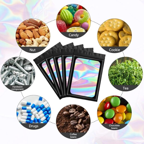 Funfery 100 pcs Black Mylar Holographic Bags Packaging Bags,Clear Resealable Bag Foil Pouch Bag for Food Storage and Lipgloss,Jewelry,Eyelash Packaging for Small Business(2.4x3.9Inch) - Image 4