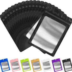 FUNFERY Mylar Resealable Bags Foil Packaging Bags with Clear Window,Zipper Pouch Smell Proof Bag for Food Storage,Cookies,Sample,Small Business(Black,2.4x3.9inch)-98 Pack