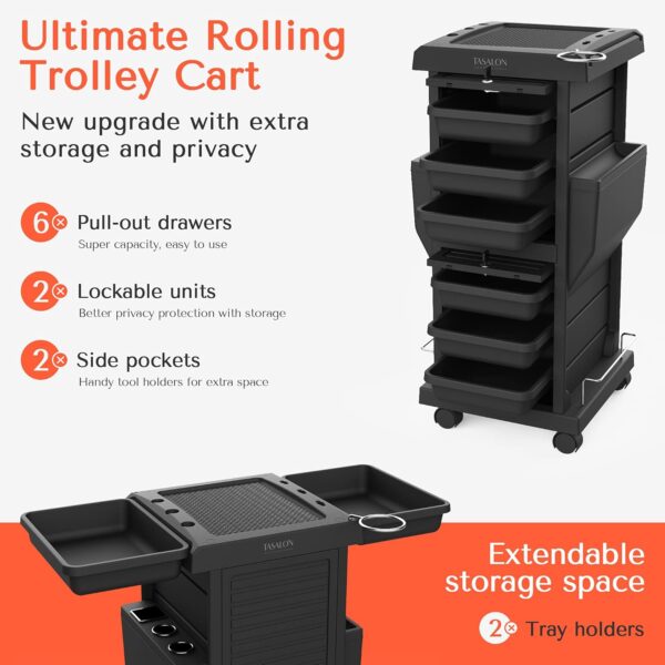 TASALON Ultimate Salon Station Cart 6 Lockable Trays & 2 Tray Holders - Image 2