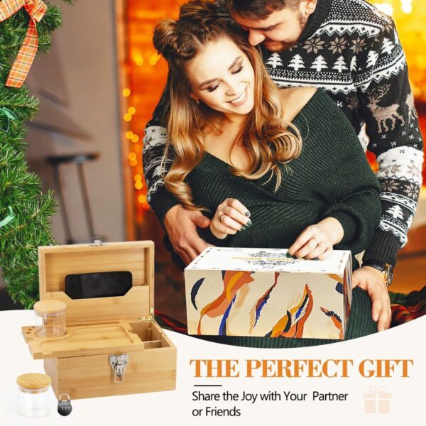 Large Bamboo Box with Combination Lock - Decorative Locking Box with Detachable Compartment, Removable Tray, Jars, Resealable Bags - Great Holidays Gifts - Image 6
