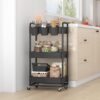 JIUYOTREE 3-Tier Plastic Rolling Storage Cart Utility Cart with Extra Hanging Cups Handles Lockable Wheels for Living Room Bathroom Kitchen Office Black - Image 6