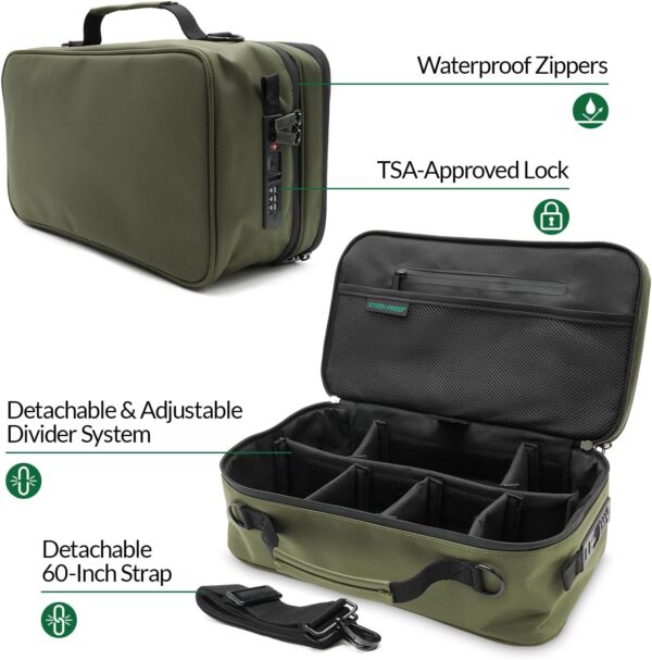 Large Storage Case with TSA Combination Lock Bag, Portable Carbon Lined, XL Medicine Lockable Box for Travel & Home Secured Box Organizer Divider Jars Accessories, Removable Tray (Green) - Image 2