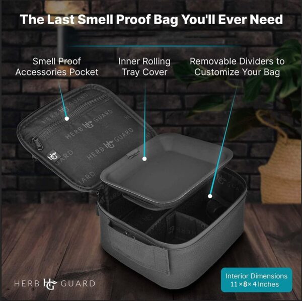 Herb Guard XL Smell Proof Bag & Airtight Case with Combination Lock (Container Holds Up to 5 Ounces) - Includes YKK Zippers, 250ml / Half oz Smell Proof Jar, Built in Tray & Travel Bags (Black) - Image 3