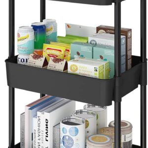 Laiensia 3-Tier Kitchen Storage Cart,Multifunction Utility Rolling Storage Organizer,Mobile Shelving Unit Cart with Lockable Wheels for Bathroom,Laundry,Living Room,With Classified Stickers,Black