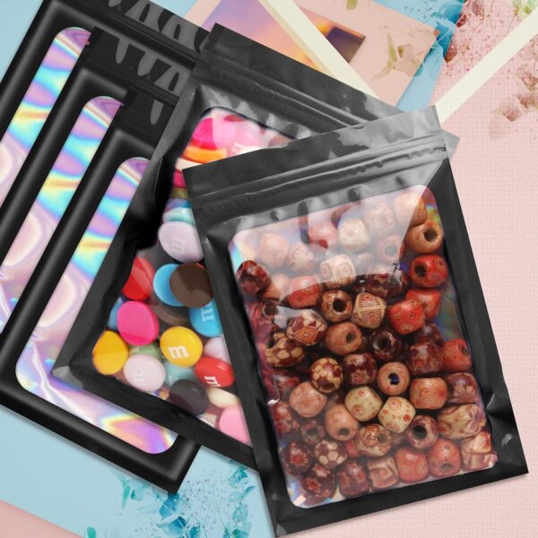 Funfery 100 pcs Black Mylar Holographic Bags Packaging Bags,Clear Resealable Bag Foil Pouch Bag for Food Storage and Lipgloss,Jewelry,Eyelash Packaging for Small Business(2.4x3.9Inch) - Image 5
