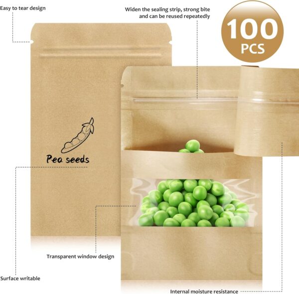 100 Pcs Small Resealable Seed Envelopes, Mini Zip Lock Kraft Bags with Window, 3.5"x5.5" Coffee Sample Bags Resealable Ziplock Bags, Small Business for Samples Bags, Food Storage Bags - Image 3