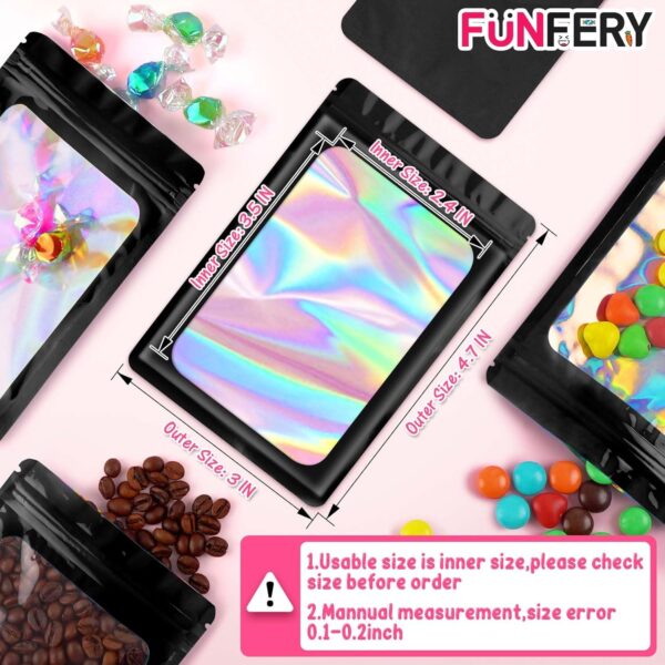 Funfery 100 Pack Resealable Holographic Bags, Smell Proof Packaging, Mylar Food Storage, Zipper Sealing Bags for Coffee Beans, Cookies, Jewelry - Black, 3x4.7in - Image 2
