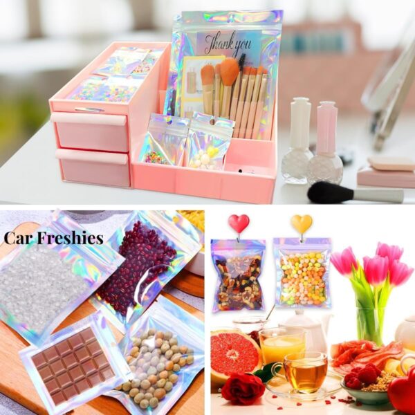 100 Pcs Holographic Resealable Packaging Bags for Small Business Supplies, Cute Small Color Smell Proof Foil Pouch Plastic Baggies for Lip Gloss Soap Party Food Storage (4x6 inch) - Image 2