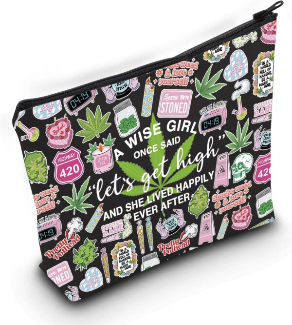 ZJXHPO Funny Marijuana Weed Leaf Makeup Cosmetic Bag Let's Get High Makeup Bag Weed Gift 420 Gift (BL Let's get high) - Image 2