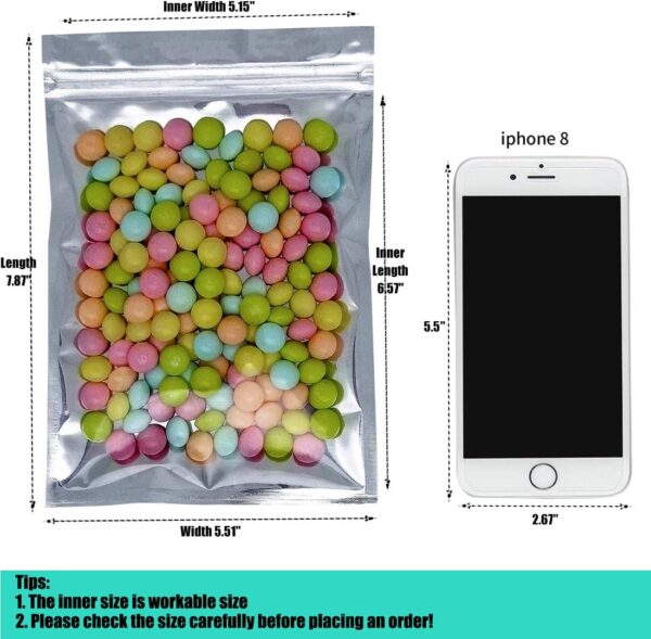 100 Pack Reusable Aluminum Foil Mylar Bags - 5.5 x 7.8 Inch, Resealable Zip Lock, Clear, Waterproof, Long Term Food Storage - Image 2