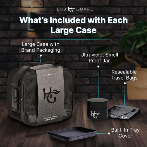Herb Guard Large Smell Proof Bag & Case with Combination Lock (Holds Up to 3 Ounces) - includes YKK Zippers, 50ml Smell Proof Container and Jar, Built in Tray & Travel Bags (Black) - Image 2