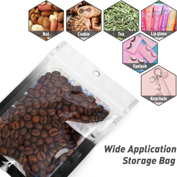 Funfery 100 Pack Gradient Holographic Bags,Mylar Resealable Bags with Zipper,Clear Window Packaging Pouch,Smell Proof Bag for Food Storage,Sample Jewelry Baggies(2.7×3.9in,White Black) - Image 4