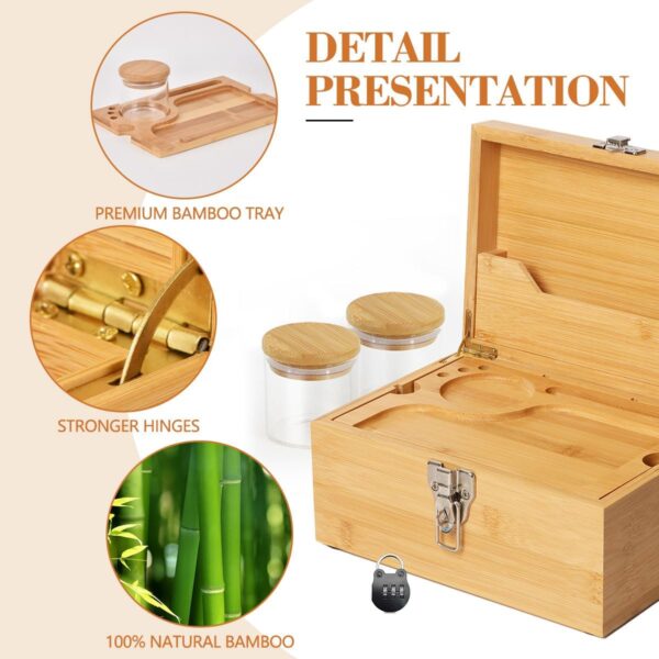 Large Bamboo Box with Combination Lock - Decorative Locking Box with Detachable Compartment, Removable Tray, Jars, Resealable Bags - Great Holidays Gifts - Image 3