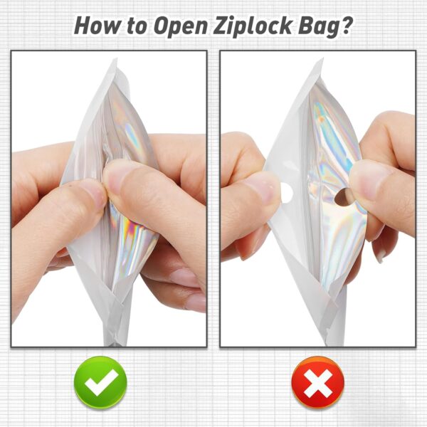 Funfery 100 Pack Gradient Holographic Bags,Mylar Resealable Bags with Zipper,Clear Window Packaging Pouch,Smell Proof Bag for Food Storage,Sample Jewelry Baggies(2.7×3.9in,White Black) - Image 6