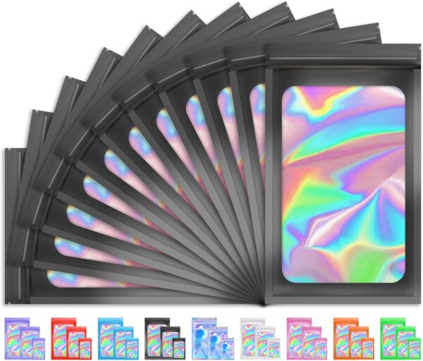 100 PCS Smell Proof Holographic Packaging Bags, Resealable Foil Freshies for Food Storage & Small Business – Sample Pouch for Eyelash, Jewelry, Valentines Day Gifts