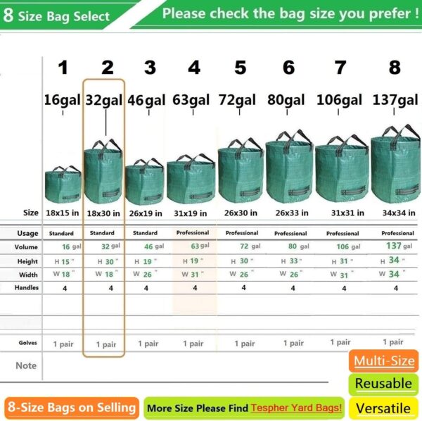 Standard 2-Pack 32 Gallon Yard Garden Bags (D18, H30 inch) with Gardening Gloves for Yard Waste,Debris Bags,Recycling Bin,Camping Trash Container,Laundry Bag,Lawn Grass Clippings,Leaf Bag w/ 4 Handles - Image 7