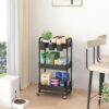 JIUYOTREE 3-Tier Plastic Rolling Storage Cart Utility Cart with Extra Hanging Cups Handles Lockable Wheels for Living Room Bathroom Kitchen Office Black - Image 4