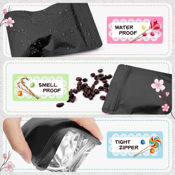 Funfery 100 Pack Black Mylar Packaging Bags Resealable Bags Double Sided Color Odor Proof Pouch Baggies Smell Proof Foil Bag for Food Storage,Small Business(Black,3x4inch) - Image 4