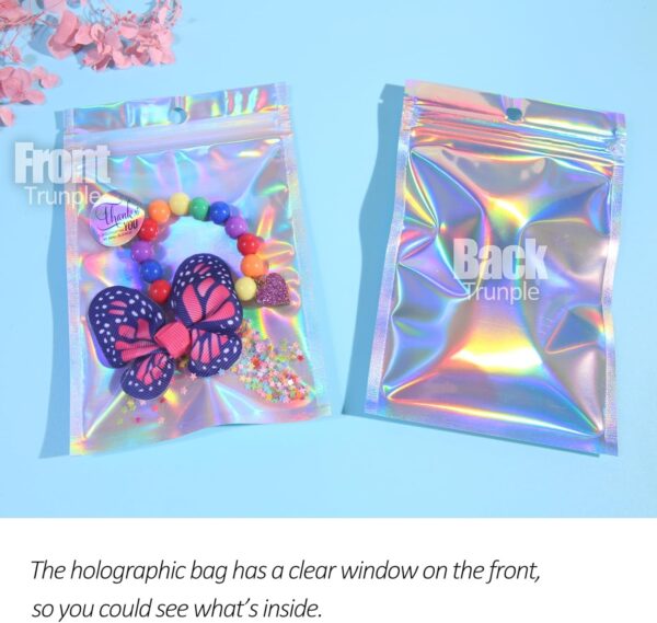 100 Pcs Holographic Resealable Packaging Bags for Small Business Supplies, Cute Small Color Smell Proof Foil Pouch Plastic Baggies for Lip Gloss Soap Party Food Storage (4x6 inch) - Image 3