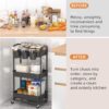 JIUYOTREE 3-Tier Plastic Rolling Storage Cart Utility Cart with Extra Hanging Cups Handles Lockable Wheels for Living Room Bathroom Kitchen Office Black - Image 5