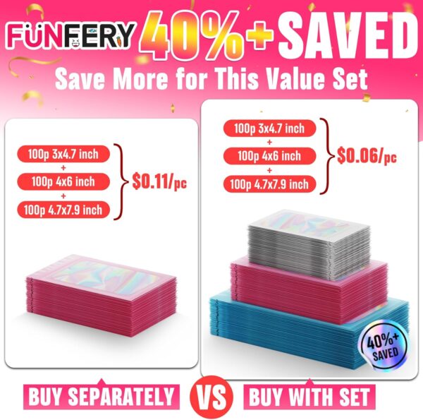 Funfery 300 Pack 3 Size Mylar Holographic Bags with Clear Window,Resealable Bag Smell Proof Bags Zipper Foil Baggie Packaging Pouch for Food Storage,Sample,Small Business(Black,3x4.7,4x6,4.7x7.9in) - Image 4