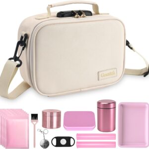 PU Leather Storage Bag with 10 PCS Accessories, Portable Organizer Box Case with Lock and Great Gift for Women, Childproof Storage Container Box 9 X 6 X 4 Inches (Beige)
