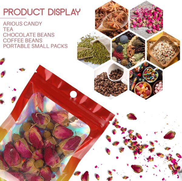 120 PCS Smell Proof Mylar Bags Resealable Odor Proof Bags Holographic Packaging Pouch Bag with Clear Window for Food Storage Jewelry Candy Electronics Storage, 4 Sizes - Image 5