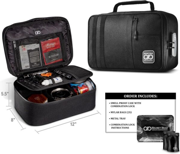 HELMET HEAD Smell Proof Bag and Stash Box XL Smell Proof Box with Combo Lock for Your Mylar Bags and Containers. Includes Grinder Card and Metal Tray (Black) - Image 2