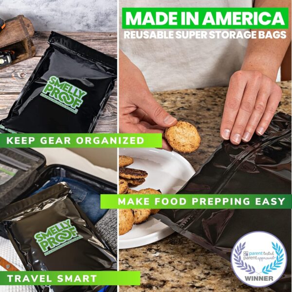 Smelly Proof Reusable Food Storage Container Bags, Reusable Freezer Bags US-Made BPA FREE, NO PEVA, 2 Gallon Bag, Easy Clean Dishwasher-Safe, NO SMELL Triple Zip BLACK 4 mils FLAT 12" x 16" - 5pk - Image 3