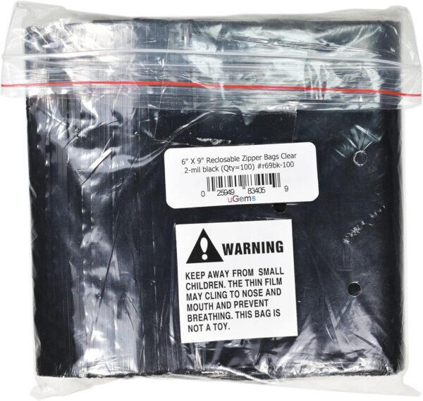 6" x 9" Black Resealable Zip Lock Bags -100 Pack of Opaque Plastic Storage Bags for Privacy, Light Protection, and Food Storage Ideal for Crafts, Tools, Office Supplies SKU r69bk-100 - Image 2