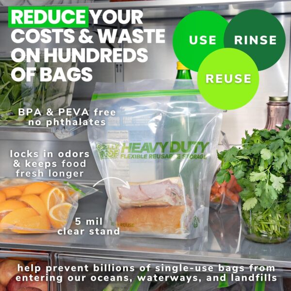 Smelly Proof HEAVY DUTY Reusable STAND-UP Ziplock Bags for Food Storage, USA Made, NO PEVA & BPA FREE, Reusable Freezer Bags, Dishwasher-Safe, Triple Zip, CLEAR 5-mils LRG Quart 8.5" x 10" - 5pk - Image 5