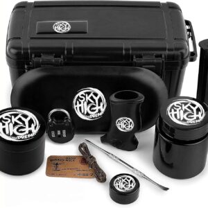 Sky High 11 Piece Stash Box with Lock, Grinder, Airtight Jar, Double-Ended Pick, Storage Tube, Tray, Lighter Holder, Hemp Wick, Tobacco Storage, Black