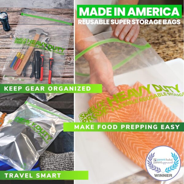 Smelly Proof REUSABLE STORAGE BAGS, Extra Large HEAVY DUTY 5-mils US-Made, BPA FREE, NO PEVA, Dishwasher-Safe Ziplock Reusable Freezer Bags Triple Zip CLEAR FLAT XXL 2-Gallon 12" x 16" - 5pk - Image 3